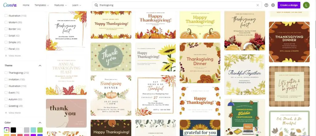 Canva screenshot of thanksgiving templates